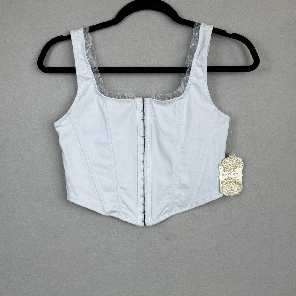 NWT Altar'd State Womens M‎ Pale Baby Blue Cropped Clara Corset Tank Top Frills